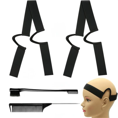 2Pcs Black Double-Sided Velvet C-Shaped Ear Painless Wig With Two Sideburn Hair Combs, Soft Painless Wig Band With Ear Cut Outs Tools, Comfortable Earless Melting Band