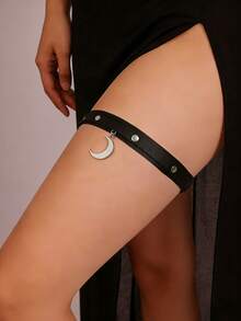 1 chiếc dây đeo đùi bằng da giả với mặt dây chuyền hình trăng lưỡi liềm phong cách Gothic Y2K. - màu đen - Xem 3