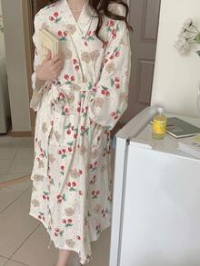 Lightweight Spring/Summer Robe/Sleepwear, Cherry And Bear Pattern Lightweight Robe/Kimono, Minimalist European Style, Long Sleeve, V-Neck, With Pockets, Comfortable Women's Loungewear Robe, Suitable For Spring, Summer, Autumn, Home, Bathroom, Best Gift For Daughter/Family Birthday - As Shown In the Figure - View 17