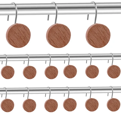 12 chiếc móc treo rèm tắm tròn kiểu Bohemian bằng thép không gỉ chống gỉ sét, nhựa giả gỗ, vòng treo rèm.