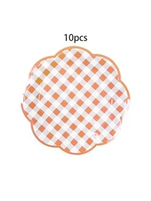 Set de 10 piezas/20 piezas/50 piezas/80 piezas de suministros para fiesta a cuadros naranja - Platos, vasos, servilletas de papel a cuadros naranja y blanco - Conjunto de vajilla con borde festoneado adecuado para picnics, fiestas de cumpleaños para hombres y mujeres - Cuadros naranjas y blancos - Ver 9