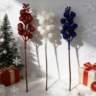 24pcs Artificial Shiny Sequin Berries, Realistic Floral Home Decor, Red White Blue Combo Set, Suitable For Holiday Wedding Party, Indoor Dining Table, Bedroom Decor, Christmas Gift, Rattan DIY Decor Accessories, Christmas Tree And Plant Decor, Indoor Outdoor Christmas Decoration, Room Decor