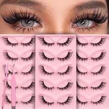 5 Pairs Elongated Curly Anime-Style Fox Eye False Eyelashes, 16mm Strip Fake Lashes - Black - View 5