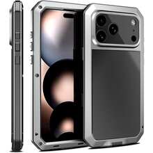 Armor Metal Case For IPhone 17 ProMax/17Pro/17AIR/17 With Tempered Glass Screen Protector, Heavy Duty Military Grade, Shockproof Dustproof Water Resistant Camera Protection Silicone Back Full Body Case - Silver - View 1