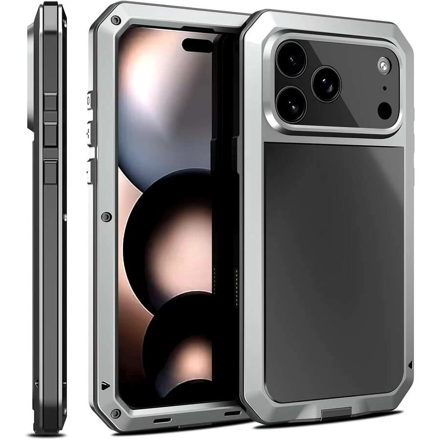 Armor Metal Case For IPhone 17 ProMax/17Pro/17AIR/17 With Tempered Glass Screen Protector, Heavy Duty Military Grade, Shockproof Dustproof Water Resistant Camera Protection Silicone Back Full Body Case - Silver - View 1