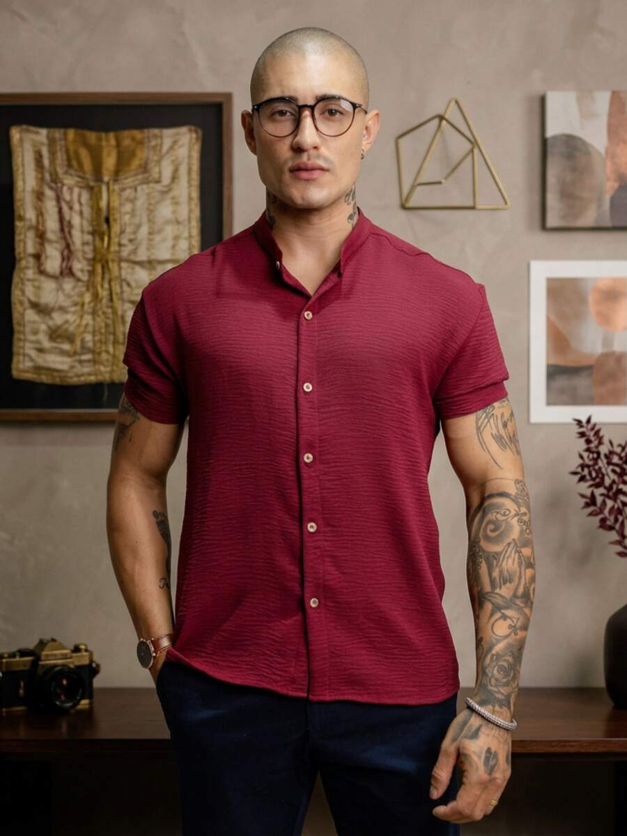 Men Shirts - 酒紅色 - 查看 1