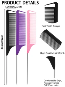 3件套耐热梳子套装，包括尖尾梳、细齿蓬松梳、金属梳、碳纤维蓬松梳和不锈钢尖尾梳。美发工具，旅行必备，发型设计，护发 - 彩色 - 查看 4