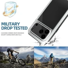 Armor Metal Case For IPhone 17 ProMax/17Pro/17AIR/17 With Tempered Glass Screen Protector, Heavy Duty Military Grade, Shockproof Dustproof Water Resistant Camera Protection Silicone Back Full Body Case - Silver - View 3