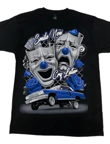 Blue Smile Now Cry Later Low Rider Old School T Shirt Menswear Cotton 100% Silk Screen Crewneck Streetwear Top - Tshirt, Man, Tropical Shortsleeve Casual - màu đen - Xem 1