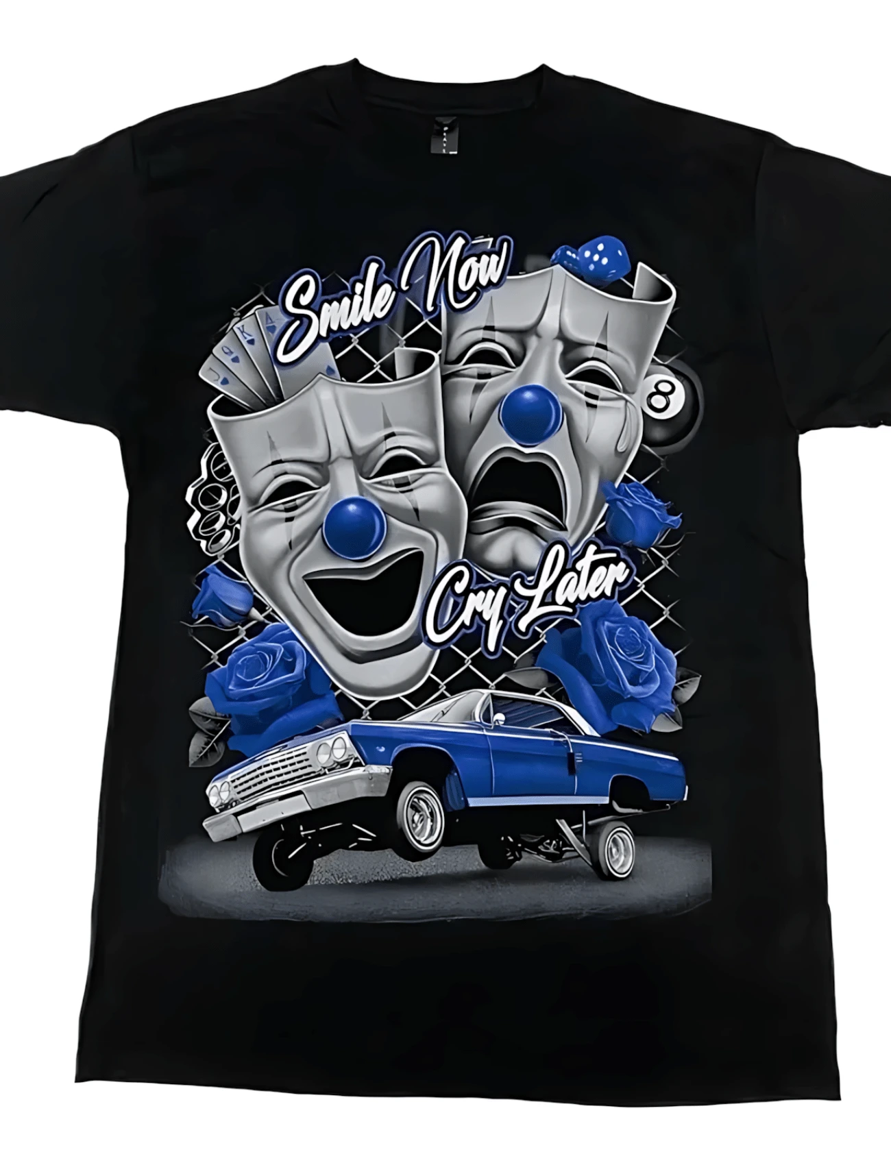 Blue Smile Now Cry Later Low Rider Old School T Shirt Menswear Cotton 100% Silk Screen Crewneck Streetwear Top - Tshirt, Man, Tropical Shortsleeve Casual - màu đen - Xem 1
