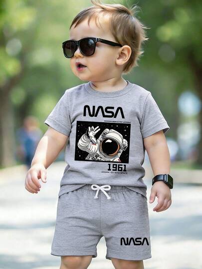 男婴宇航员卡通字母印花短袖T恤和短裤休闲套装
