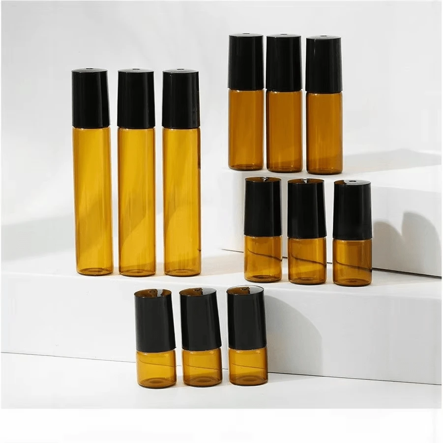 10pcs 10ml/5ml Amber Glass Roller Bottles, Stainless Steel Ball Refillable Perfume And Essential Oil Sample Containers, Reusable Small Cosmetic Storage Bottles With Black Caps, Suitable For Aromatherapy, Travel, Vacation And Dorm Essentials - Multicolor - View 1