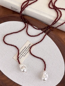 1 pieza Collar de cuentas negras con colgante asimétrico de cristal y perla falsos, de moda y personalizado. Collar largo y en capas, adecuado para uso diario, vacaciones, fiestas, como regalo - Collar - Ver 4