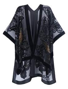WeHello-Burnout Velvet Kimono For Women Long Cardigan Beach Cover Up Vacation Casual Shawl Swimwear Coverups Clothes Outfit Womenswear Chic Party Piece SpringStatements - 咖啡棕 - 查看 1