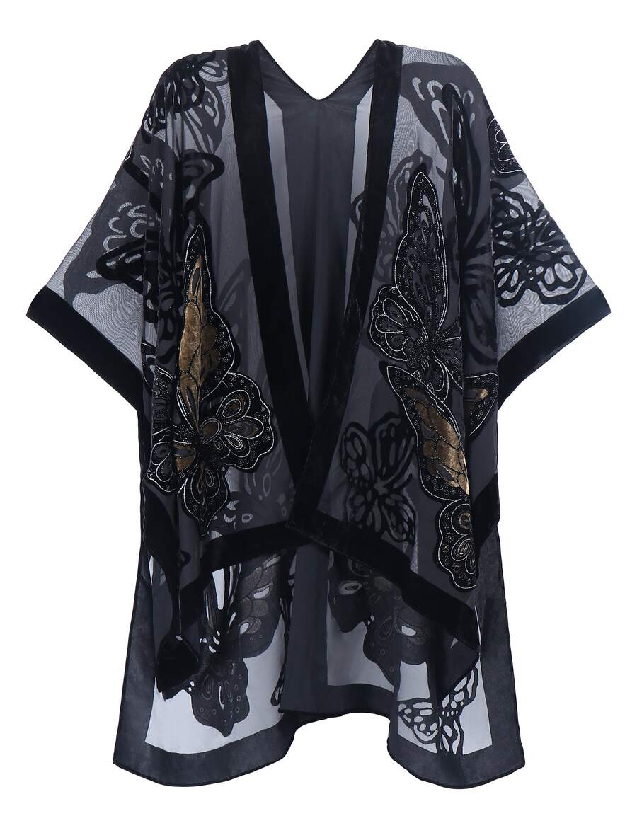 WeHello-Burnout Velvet Kimono For Women Long Cardigan Beach Cover Up Vacation Casual Shawl Swimwear Coverups Clothes Outfit Womenswear Chic Party Piece SpringStatements - 咖啡棕 - 查看 1