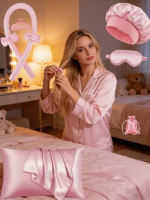 11件/12件套粉色免加热卷发器，慵懒女孩丝滑卷发工具，睡眠帽和眼罩套装 - 捲髮套裝 - 查看 1