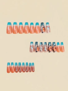 24pcs Vintage Gradient Butterfly Wearable Nail Stickers - Nude Base Color False Nails, Stamping Nails, Nail Art Supplies, Long False Nails, Y2K Style Nails - Coral Orange - View 4