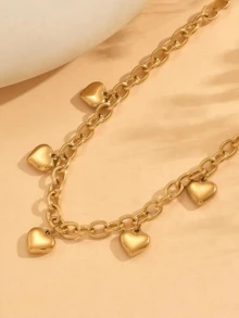 1pc Fashionable Chunky Heart Pendant Necklace, Stainless Steel 18K Gold Plated Necklace, Suitable For Women Daily Wear Valentines - Gold - View 3