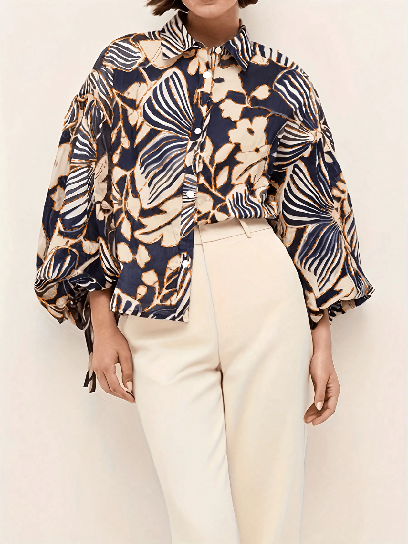 Elegant Women's Long Sleeve Shirt, Featuring Unique Patterned Woven Fabric And Button Details, Relaxed Fit Vacation Spring - Multicolor - View 1