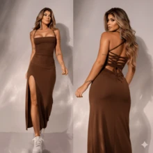 Brown Long Dress In High-Gramity Spandex With Padded Cups And Side Slit, Elegant Evening Dress For Parties - 鏽棕色 - 查看 5
