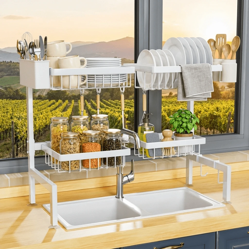 Adjustable Over The Sink Dish Drying Rack, Multifunctional Kitchen Sink Organizer With Multiple Storage Baskets - White - View 1
