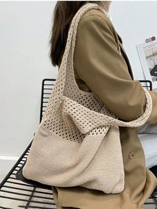 鏤空編織草編包 波西米亞風海灘托特包 大容量購物海灘包 時尚鏤空編織草編包 - 卡其色 - 查看 8