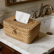 1pc Square Rattan Tissue Box Cover, Hand Woven Wicker Tissue Holder, Rattan Woven Storage Tissue Holder, Desktop Tissue Box Organizer, Home Office Desk Decoration - Brown - View 8