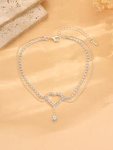 1pc Sparkling Double Heart Anklet For Women, Beach, Party, Festival - Silver - View 3