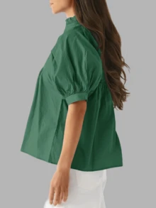 Women's Puff Sleeve V Neck Peplum Blouse Pleated Babydoll Loose Fit Casual Shirt - Dark Green - View 2