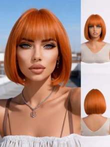 12-Inch Bright Orange Bangs Bob Wig | Short Synthetic Hair Suitable For Y2K Style And Daily Looks - 橘色 - 查看 2