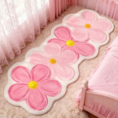 1pc Irregular Shaped Floral Decorative Carpet, 4 Flowers, Purple And Pink Blooms, Artistic And Minimalist Design, Suitable For Bedroom, Small Rug, Living Room, Outdoor, Washable, Plush, Autumn/Winter, Customizable Size With 1-5cm Tolerance