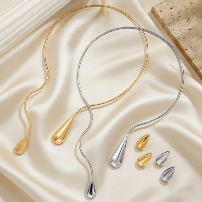 Bộ 2 món bông tai và dây chuyền hình giọt nước bằng kim loại, thiết kế tối giản độc đáo, phù hợp cho đám cưới, tiệc tùng, tiệc chiêu đãi.