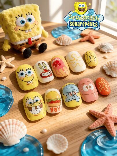 SpongeBob SquarePants 方裤可爱3D卡通可拆卸美甲贴纸套装，无需光疗灯固化，DIY美甲贴纸配件，自粘式，随机款式美甲贴纸，美甲用品，美甲装饰，美甲配件，美甲贴纸，美甲沙龙DIY滑动美甲装饰，美甲师必备，美甲贴纸，随机款式美甲贴纸，滑动美甲装饰。