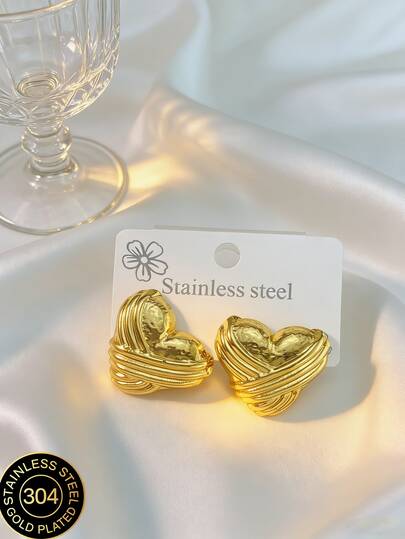 Gold Heart-Shaped Stainless Steel Earrings, Geometric-Shaped Stainless Steel Jewelry, Ladies' Earrings, Pendant Earrings, Gold-Plated Hinge Round Earrings, Bamboo-Like Texture, Diamond Cutting, Hexagonal, Square, Circular, Butterfly Shape, Heart Shape, Teardrop Shape, Irregular Shape Design, Anti-Allergic, Suitable For Sensitive Ears To Wear, Charming Accessories For Ladies, Middle Eastern Fashionable Jewelry, Ramadan Decoration Jewelry And Accessories, Party And Festival Gifts.