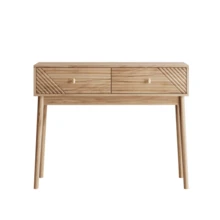 Desk, Mid-Century Modern Console Table With Drawers, Retro Reception Table With Open Shelves, Modern Coffee Table For Living Room, Foyer And Hallway - Oak - View 12