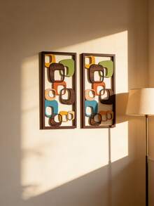 2 piezas de Arte mural de madera moderno medieval - Paneles geométricos abstractos en verde, naranja, azul y marrón, apropiados para la decoración de la sala de estar, elegante acento de pared interior, perfecto para el hogar u oficina, acabado de madera con textura para exhibición de pared interior - Multicolor - Ver 7