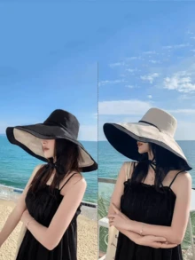 1pc Contrast Color Casual Polyester Other UV Protection 16.5cm Wide Brim Sun Hat Women's Sun Protection UV Protection Bucket Hat Summer 2026 New Reversible Extra Wide Brim Hat Face Covering Sun Hat Spring/Summer - A - View 4