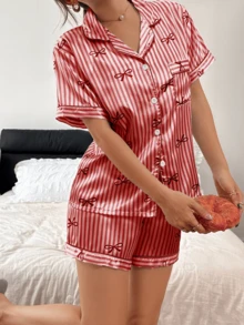 Dreamivo Bow Tie & Striped Print Short Sleeve Shorts Pajama Set For Women - Red - View 5