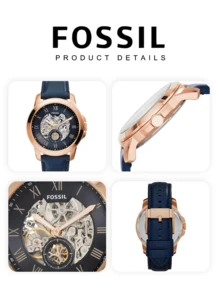 Fossil Men's Automatic Mechanical Leather Three-Hand Watch Stainless Steel Case/Scratch-Resistant Glass Mirror ME3052/ME3053/ME3054/ME3095 - Blue - View 5