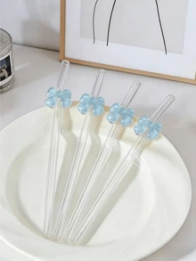 1 pieza/2 piezas/4 piezas Pajitas de vidrio reutilizables con acentos de lazo azul, pajitas de vidrio reutilizables claras y estéticas, ideales para bebidas frías, batidos, agua con gas, leche con té, jugos y talla grande. Perfecto para fiestas en la playa, picnics al aire libre, tiendas de postres, campamentos, suministros para fiestas, reuniones familiares, Navidad, Halloween, Día de San Valentín, regalo perfecto para niñas. - Ver 5