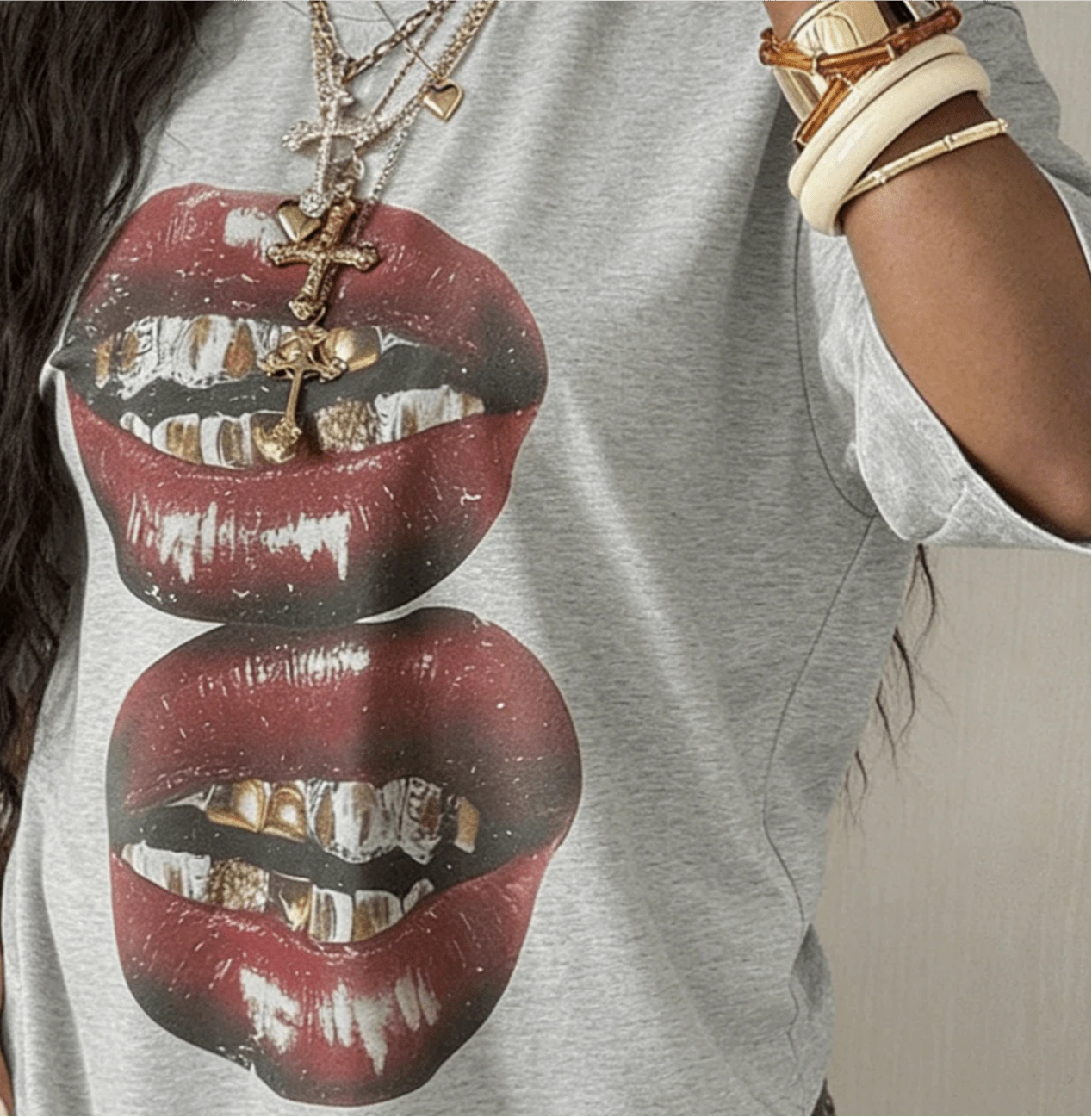 2026 Summer ShirtCoolane Women's Summer Concert Streetwear Vintage Casual Y2K Hippie Old Money Comfortable Lips Graphics Oversized White TeesLoose An - 灰色 - 查看 1