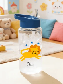 Customizable Name 500ml Water Bottle With Straw, Outdoor Sports Water Bottle, Cartoon Student Cup, Birthday Gift - Clear - View 11