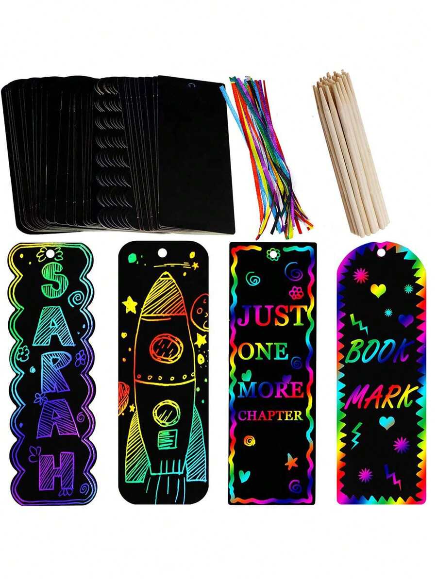 120 piezas Marcadores de libros, etiquetas de regalo, recuerdos de fiesta, set de actividades para el aula en estilo arcoíris, incluyendo arcoíris de arte para raspar, recuerdos de fiesta, manualidades de arte para raspar para adultos - Marcapáginas de papel para rascar hechos a mano - Ver 1
