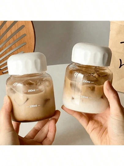 迷你便携玻璃牛奶瓶，迷你便携玻璃咖啡杯水瓶带盖，牛奶杯饮水杯，耐热茶杯，家用厨房日常密封旅行杯，可用洗碗机清洗，适用于牛奶、咖啡、花草茶等。
