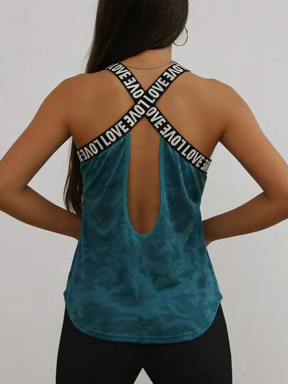 1pc Women's Love Letter Print Hollow Out Wide Strap Knit Jacquard Sports Camisole, Suitable For Spring/Summer Gym, Yoga, Outdoor, Casual Running, Loose Fit Undershirt