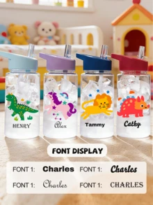 Customizable Name 500ml Water Bottle With Straw, Outdoor Sports Water Bottle, Cartoon Student Cup, Birthday Gift - Clear - View 4
