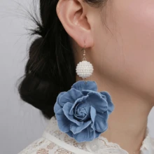 1 Pair Women's Denim Effect Floral & Faux Pearl Earrings - Blue - View 7