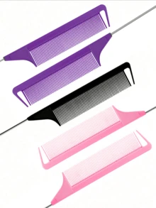 3件套耐热梳子套装，包括尖尾梳、细齿蓬松梳、金属梳、碳纤维蓬松梳和不锈钢尖尾梳。美发工具，旅行必备，发型设计，护发 - 彩色 - 查看 6