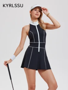 ZULIZ Damen Lässiges, elegantes Sport-Urlaubs-Tennis-Lauf-Fitness-Kleid in Taillierter A-Linie, Strick, Ärmellos, Frühling/Sommer - Schwarz - Übersicht 3