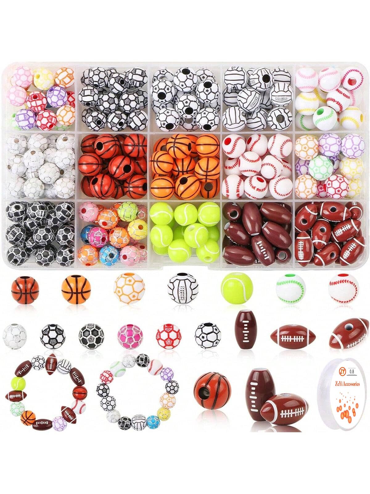 50pcs/Box 15/24 Compartments Sports Ball Beads, Acrylic Material, Mini Baseball, Basketball, Soccer, Volleyball Beads, Suitable For DIY Jewelry Making Such As Bracelets, Keychains, Necklaces, Sports Themed Beads - Multicolor - View 1